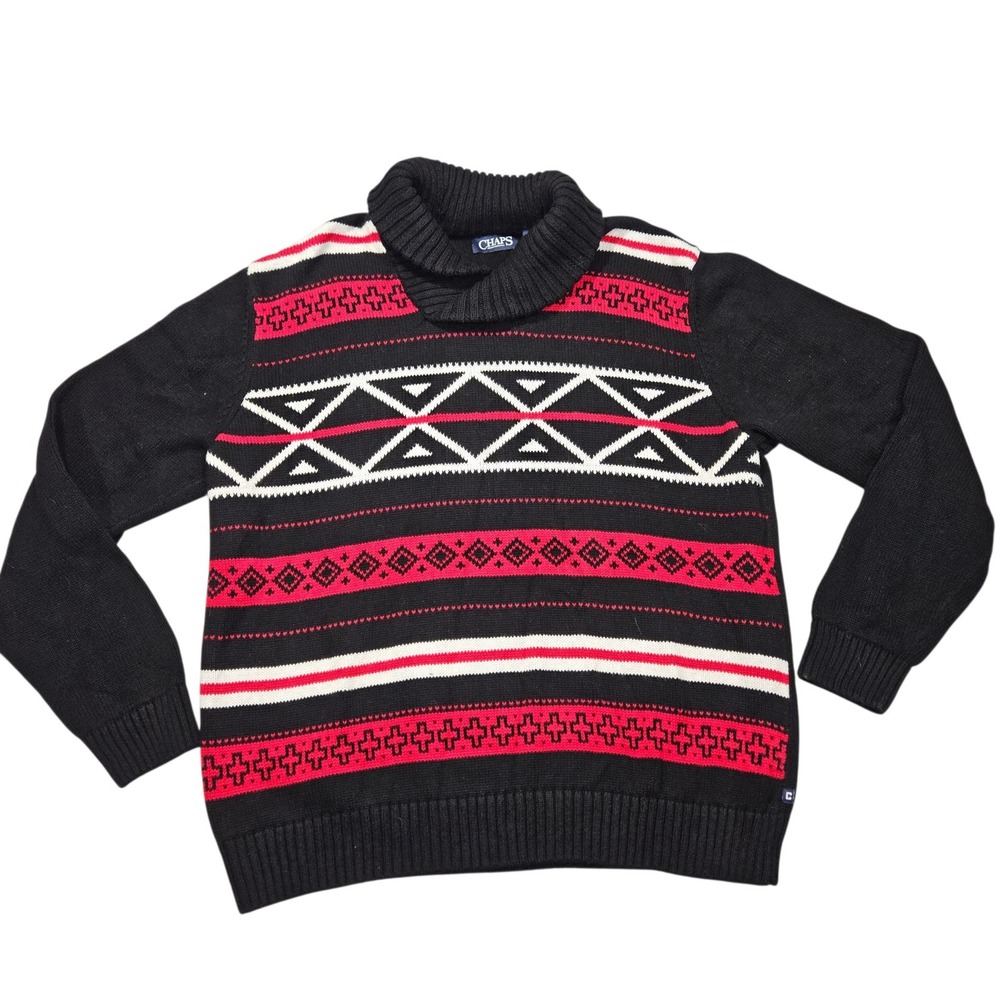 Chaps VTG Style Geometric Shawl Collar Knit Sweater Black Red White Sz XL